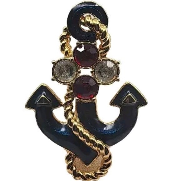Vintage Trifari Anchor Brooch Blue Enamel Gold Tone Rhinestones - Picture 1 of 6